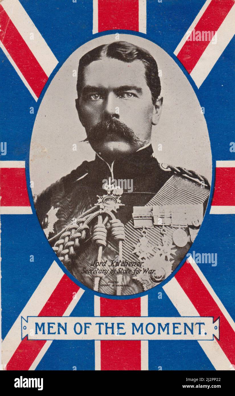 "Men of the Moment": First World War postcard of Herbert Kitchener, 1st Earl Kitchener, with a Union Jack background Stock Photo