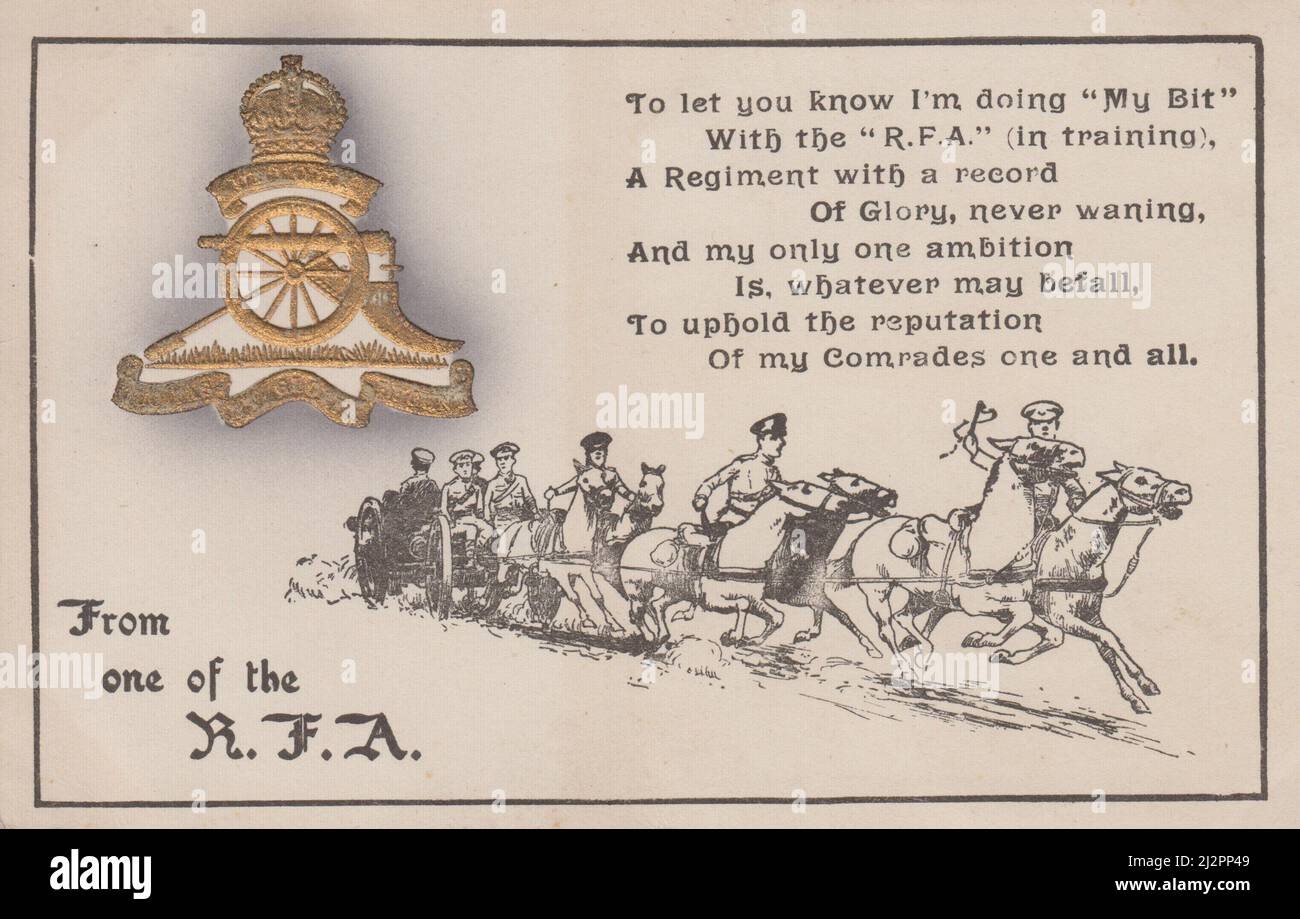 'From one of the RFA' (Royal Field Artillery): First World War postcard which includes a poem about training with the RFA, a picture of the cap badge and an illustration of horses pulling a gun carriage Stock Photo