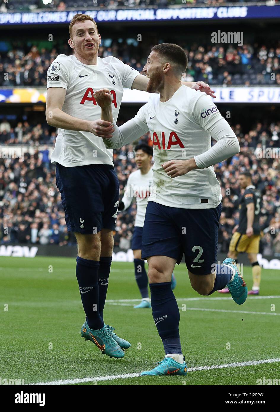 london-england-3rd-april-2022-matt-doherty-of-tottenham-hotspur-celebrates-with-dejan-kulusevski-after-scoring-to-make-it-2-1-during-the-premier-league-match-at-the-tottenham-hotspur-stadium-london-picture-credit-should-read-paul-terry-sportimage-credit-sportimagealamy-live-news-2J2PPG1.jpg