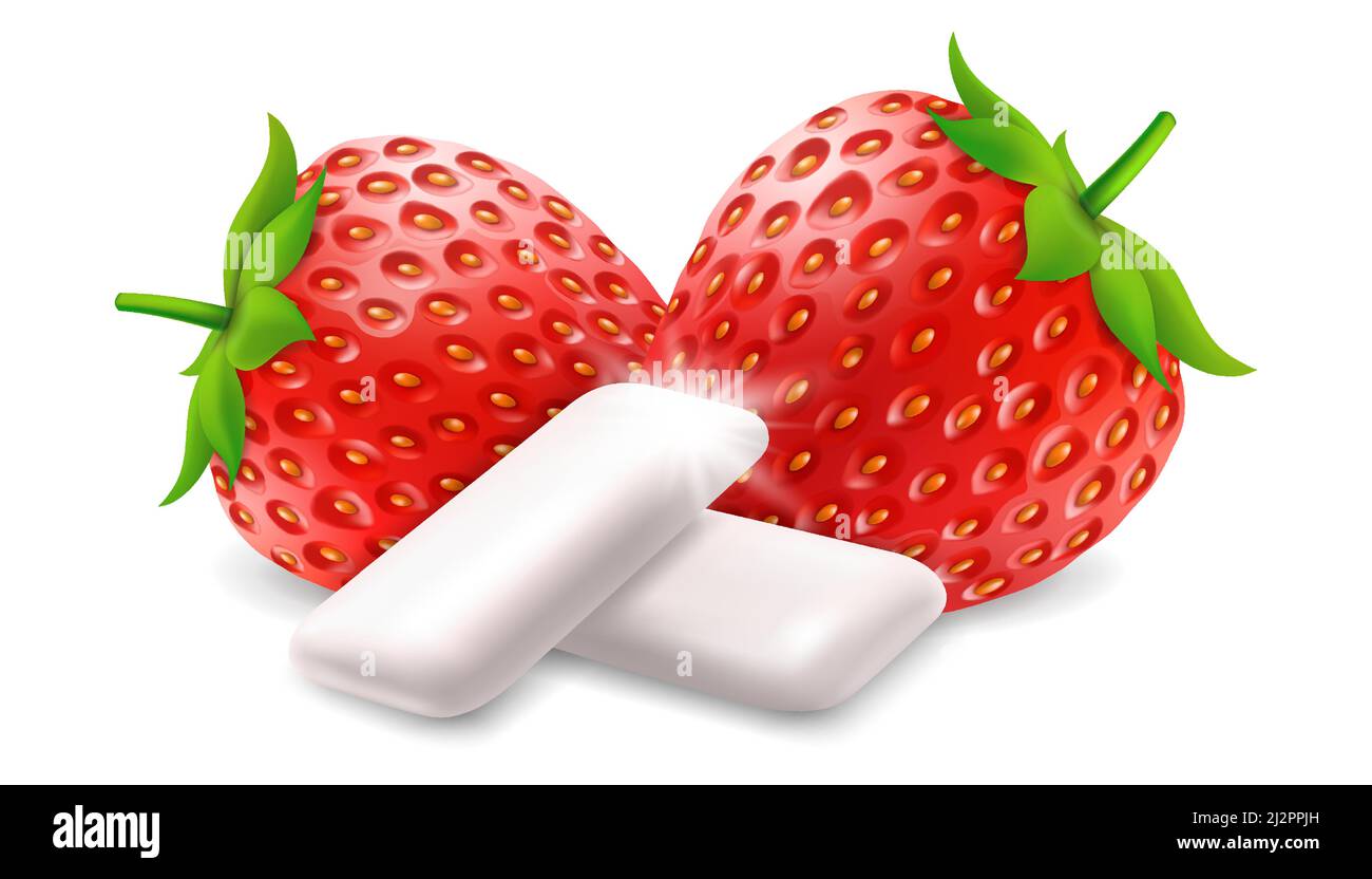 Strawberry chewing gum. Chewing pads with fresh ripe strawberry berry