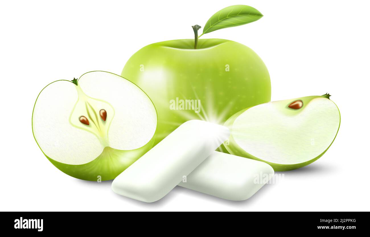 Realistic Pads of bubble gum with green apple flavour. Chewing gums for healthy teeth, fresh