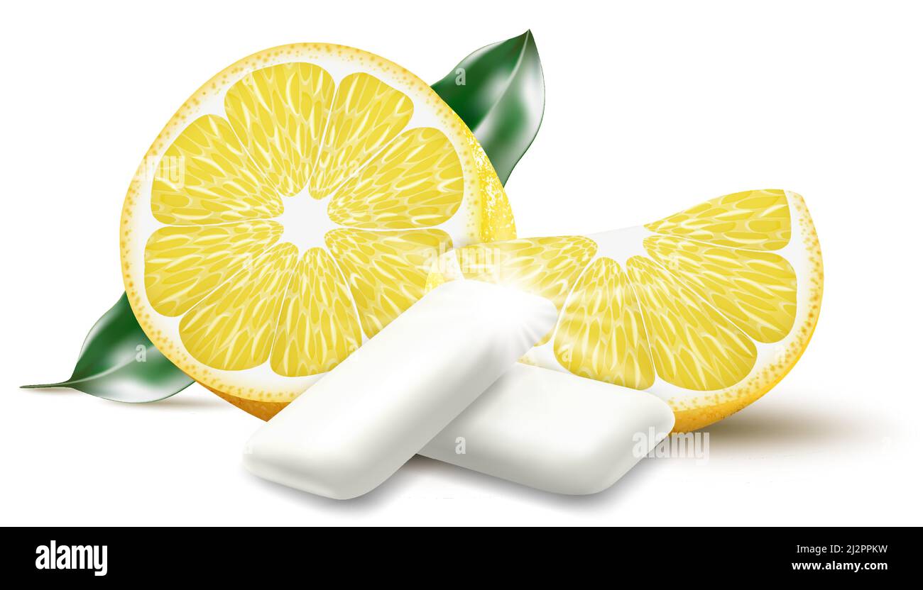 Citrus chewing gum. Bubble gum with lemon flavor. Chewing pads with