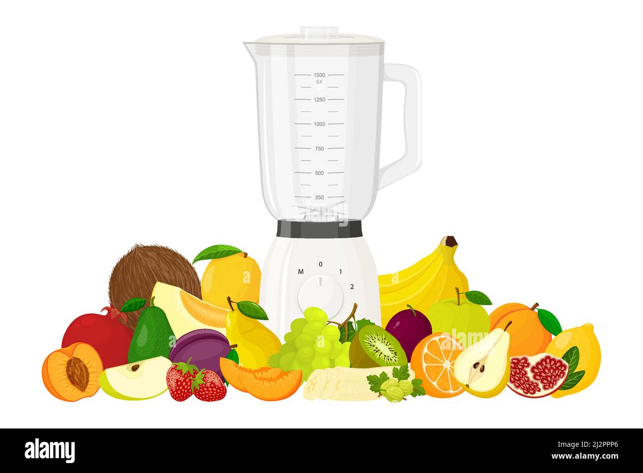 Juicer blender. Kitchen blender with set of fruits, bananas, oranges, kiwi, peach, grapes, strawberry, apple, mango, pear, avocado, isolated vector il Stock Vector
