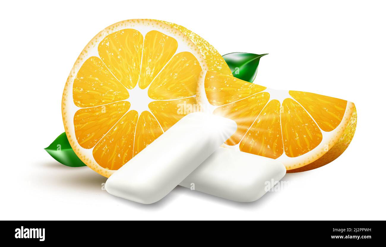 Realistic Fruit chewing gum pellet with orange flavor. Chewing pads