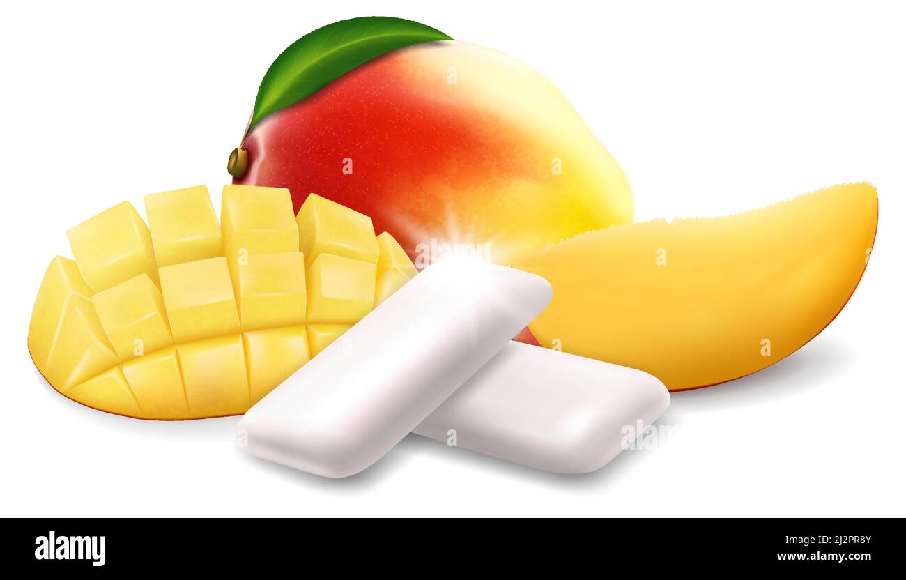 Realistic Pads of bubble gum with mango flavour. Chewing gums for healthy teeth, fresh breathing