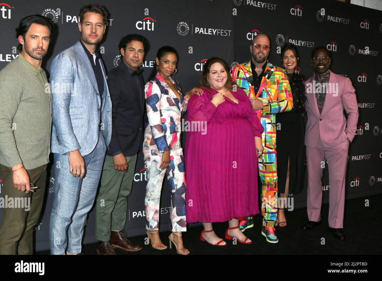 LOS ANGELES - APR 2:  Milo Ventimiglia, Justin Hartley, Jon Huertas, Susan Kelechi Watson, Chrissy Metz, Chris Sullivan, Mandy Moore, Sterling K. Brown at the PaleyFEST - This is Us at Dolby Theater on April 2, 2022  in Los Angeles, CA Stock Photo
