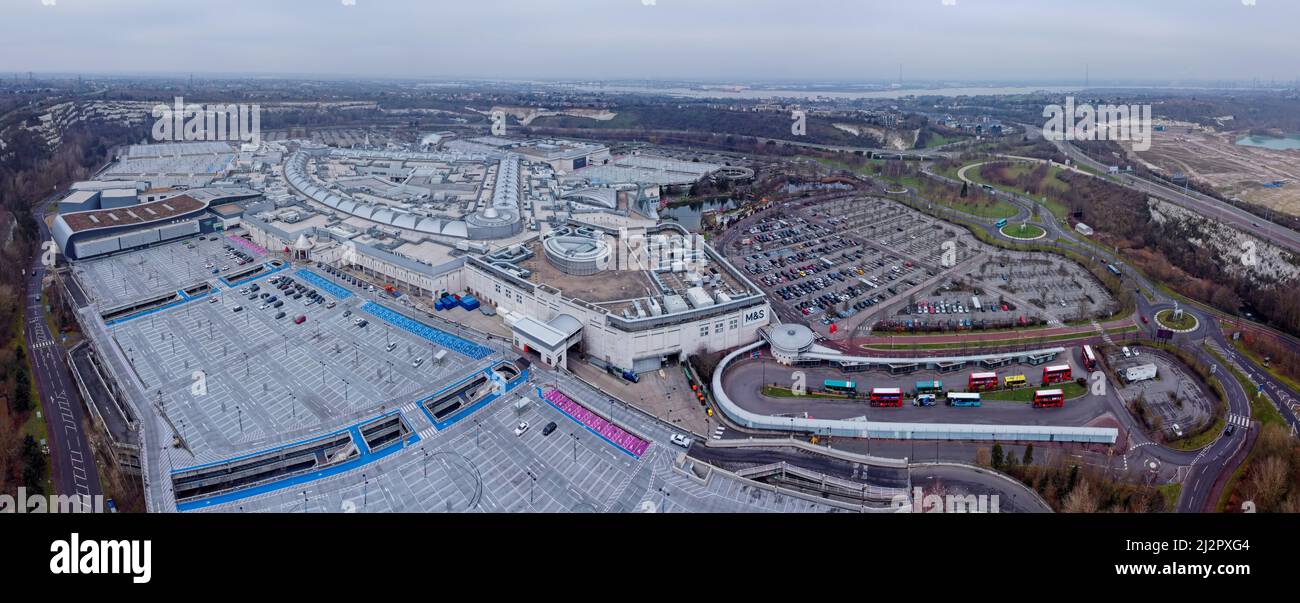Aerial drone shot. Bluewater shopping centre near Dartford in Kent, England. Stock Photo