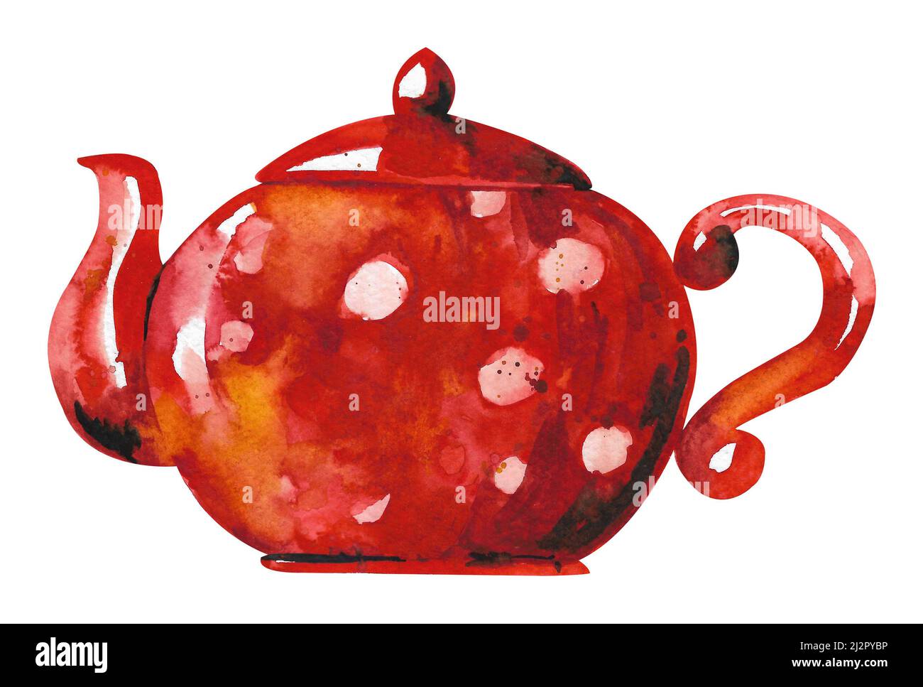 Watercolor teapot. Red kettle for tea or coffee. Old kitchen utensils