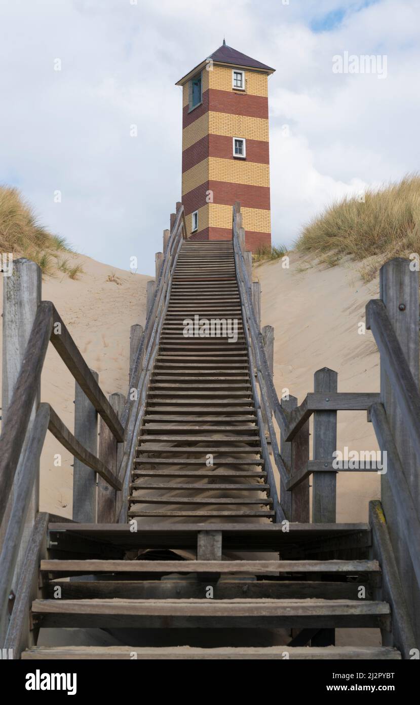 Wooden stairs leading to one of the two lighthouses of Kaapduinen in the dunes near Dishoek in the Dutch province of Zeeland.Netherlands Stock Photo
