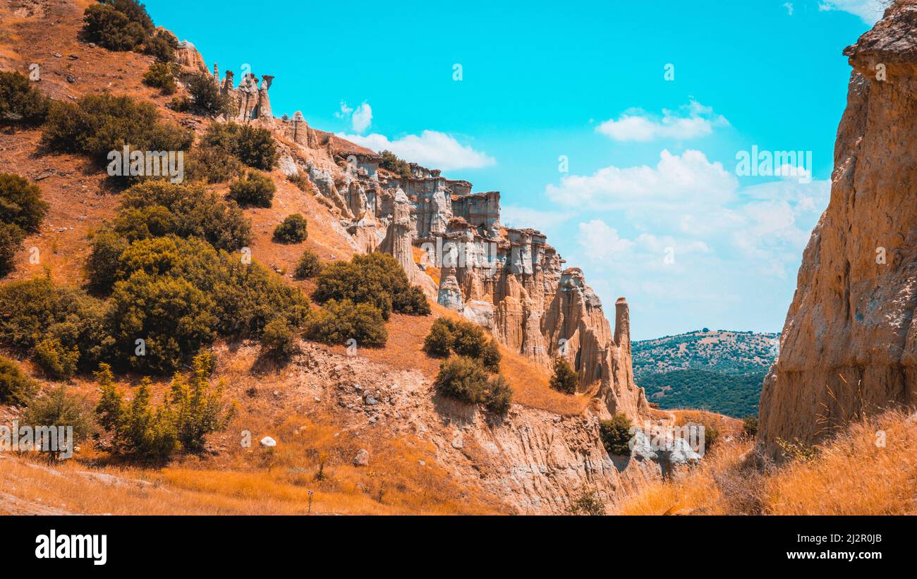 Kula Fairy Chimneys, Kula Geopark at location Manisa, Turkey. Kula Volcanic Geopark, also known as Kuladoccia (Kuladokya). Stock Photo