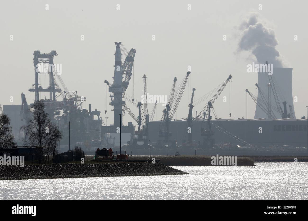 Rostock, Germany. 25th Mar, 2022. The Rostock seaport with the Liebherr