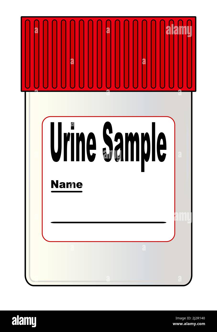 A spoof plastic empty urine sample bottle with label set over a white
