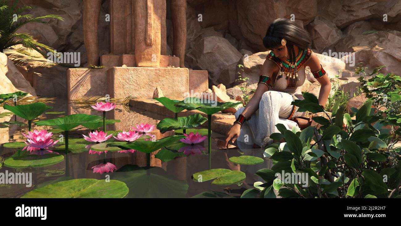 3d computer graphics of a girl with antique clothes and jewelry sitting by a pond with water lilies Stock Photo