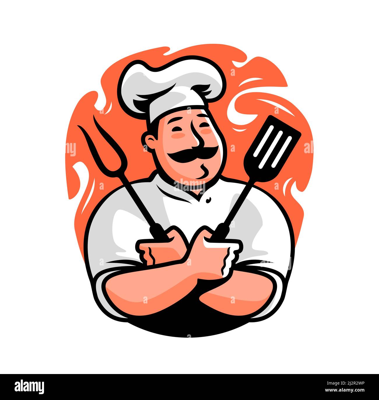 Chef with fork and spatula for barbecue logo. Grill food emblem. Cartoon character vector illustration Stock Vector