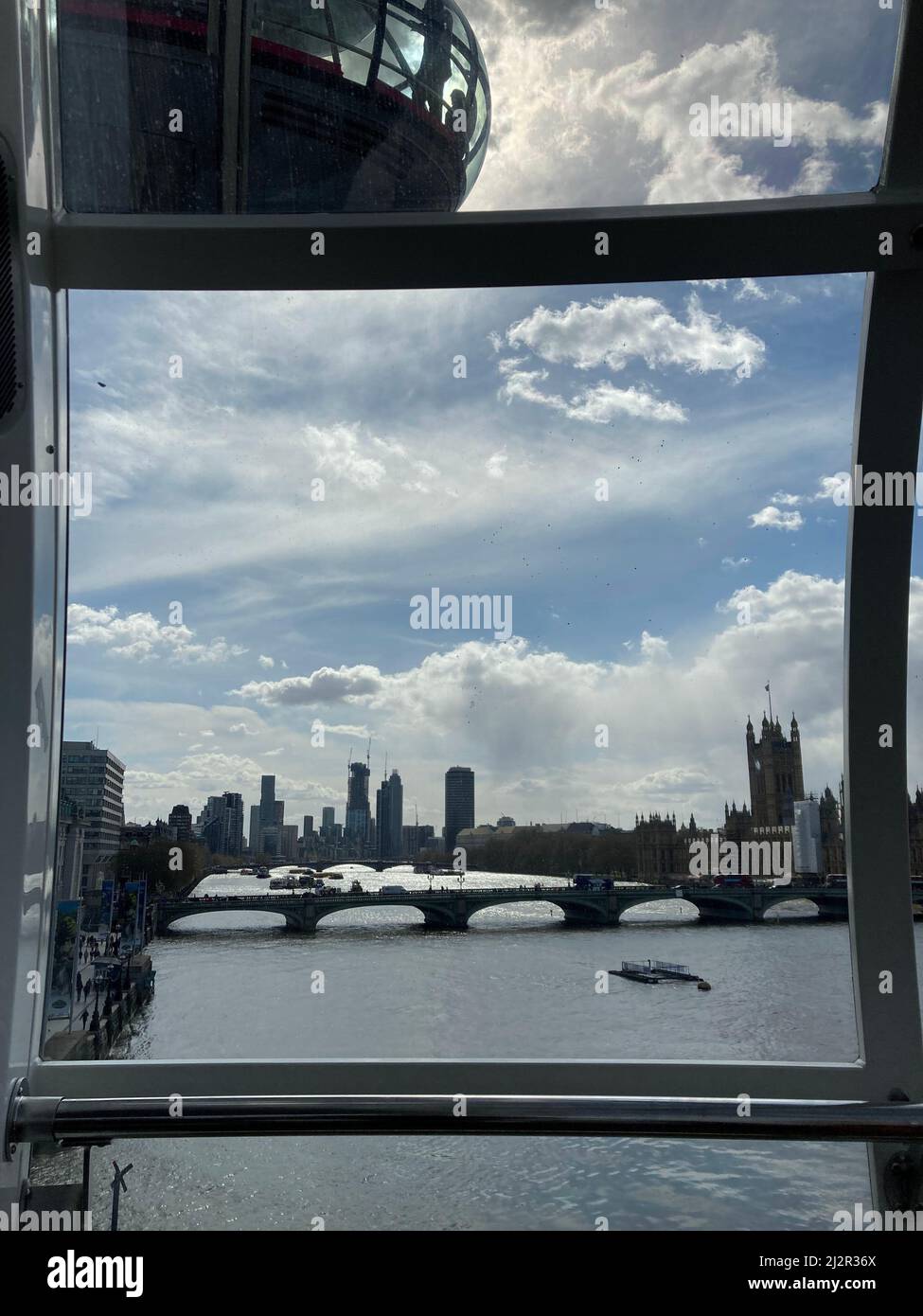 Amazing city views from the London Eye, or the Millennium Wheel, overlooking the River Thames on a nice day in Waterloo, London Stock Photo