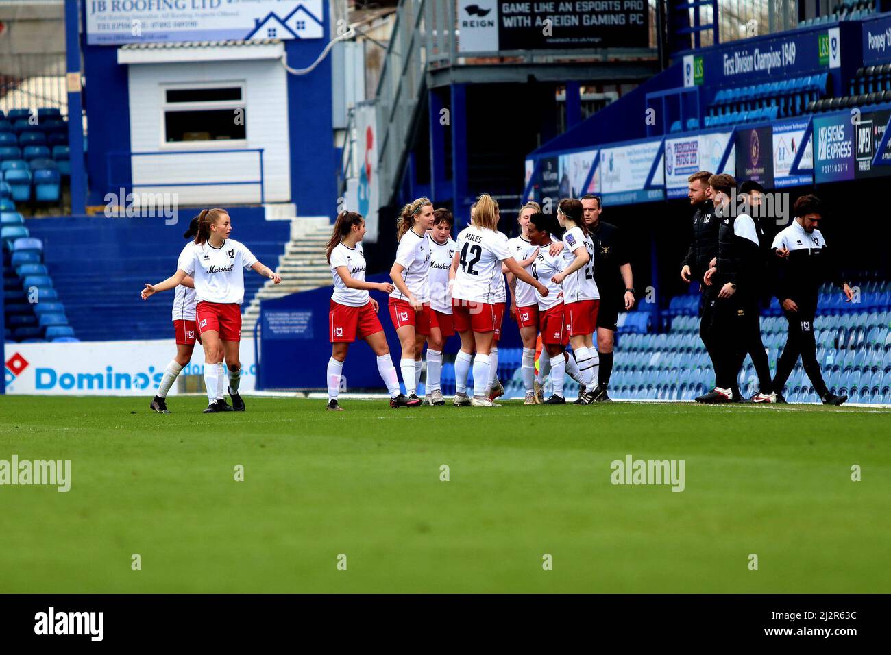 Portsmouth, UK. 03rd Apr, 2022. MK Dons celebrate one of their 3 goals during the FA Womens National league game between Portsmouth and MK Dons at Fratton Park, Portsmouth. Tom Phillips/SPP Credit: SPP Sport Press Photo. /Alamy Live News Stock Photo