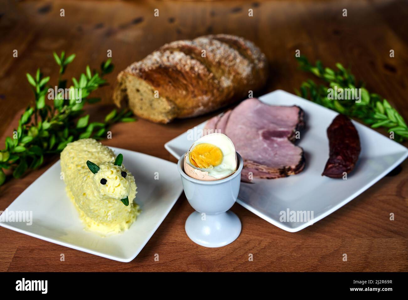 Traditional dishes for Easter breakfast and butter lamb in Poland Stock