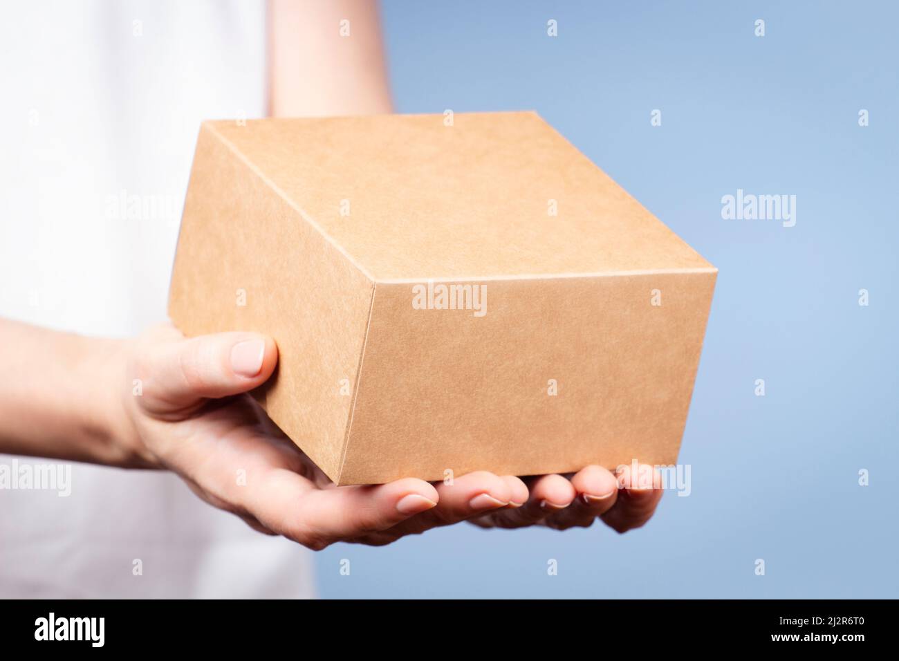 Female hands holding brown rectangular cardboard box on light blue ...