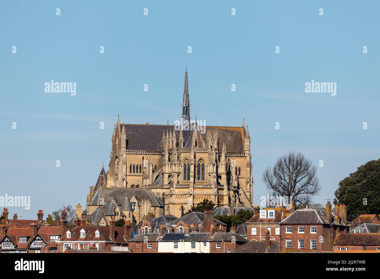 View of the West Sussex market town of Arundel. Cathedral sat towering above the houses below. Stock Photo