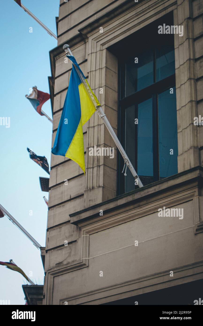 Ukrainian flag can be seen singled out on a council building in the City of Perth, Scotland, United Kingdom. Stock Photo