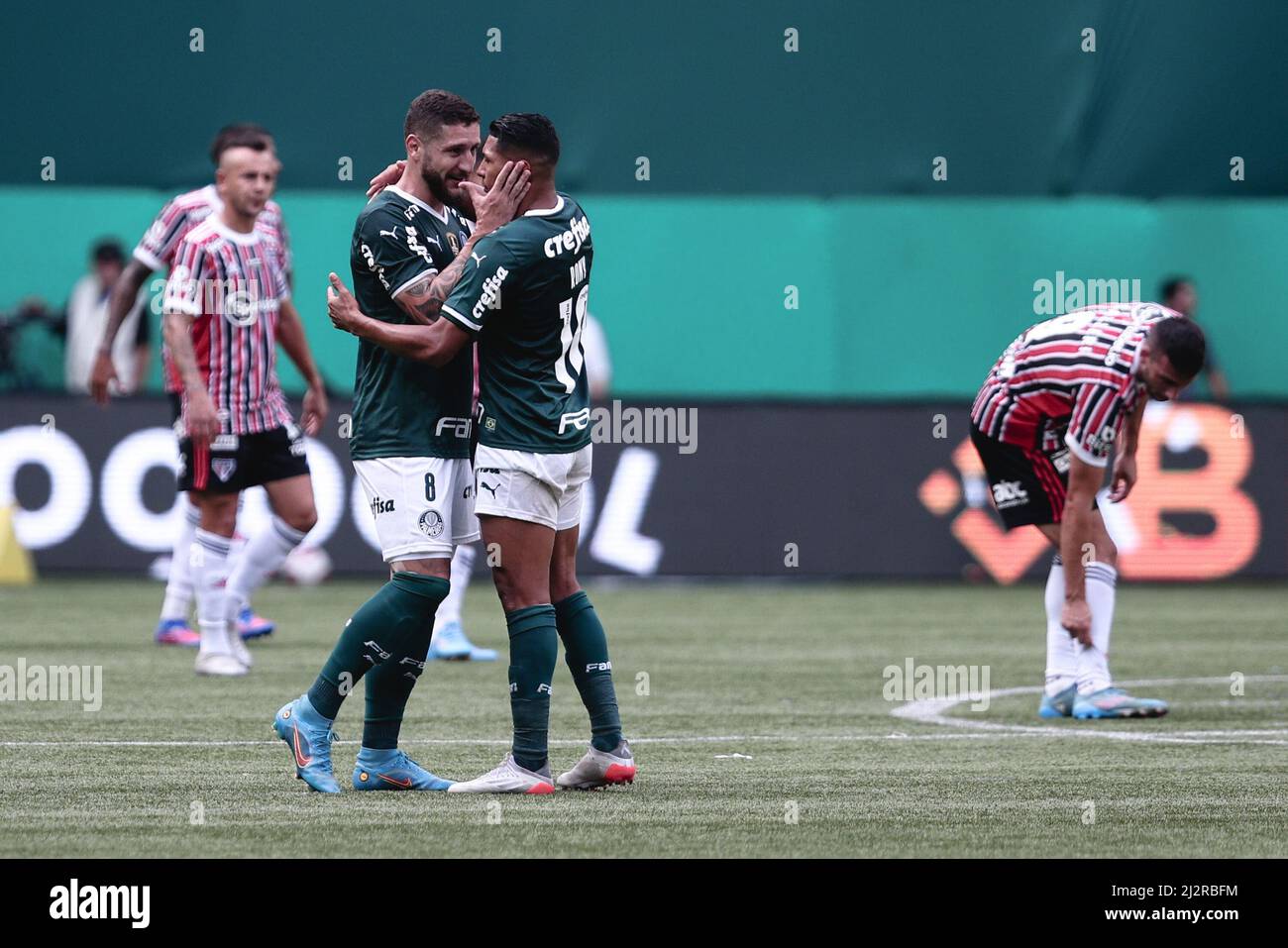 Sao Paulo, Brazil. 03rd Apr, 2022. SP - Sao Paulo - 03/04/2022 - PAULISTA 2022 FINAL, PALMEIRAS X SAO PAULO - Ze Rafael jogador do Palmeiras comemora seu gol com Rony jogador da sua equipe durante partida contra o Sao Paulo no estadio Arena Allianz Parque pelo campeonato Paulista 2022. Foto: Ettore Chiereguini/AGIF Credit: AGIF/Alamy Live News Stock Photo