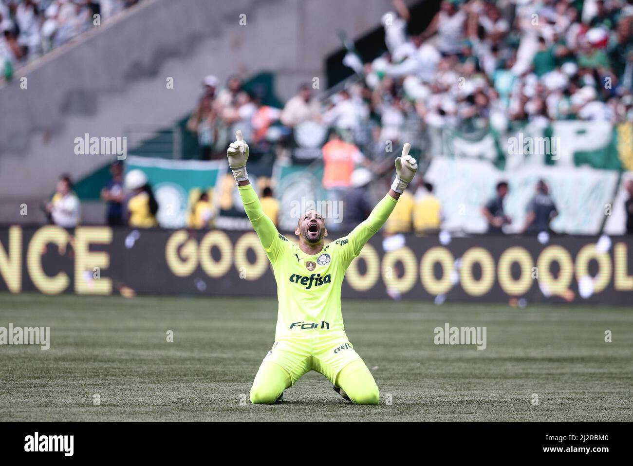 Sao Paulo, Brazil. 03rd Apr, 2022. SP - Sao Paulo - 03/04/2022 - PAULISTA  2022 FINAL, PALMEIRAS X SAO PAULO - Ze Rafael jogador do Palmeiras comemora  seu gol com Rony jogador