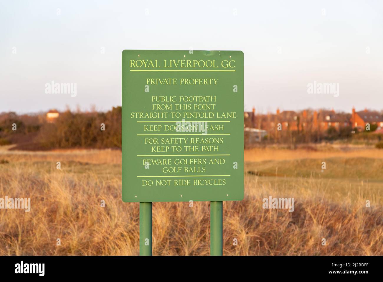 West Kirby, UK: Sign, Royal Liverpool Golf Club Hoylake. Public footpath - keep dogs on leash - no bicycles. Stock Photo