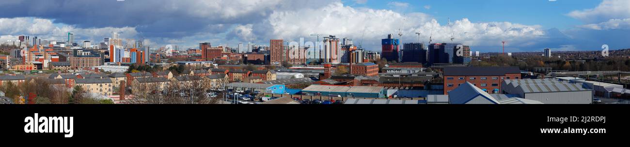 An 8 shot panoramic image overlooking Leeds City Centre taken April 2022 Stock Photo