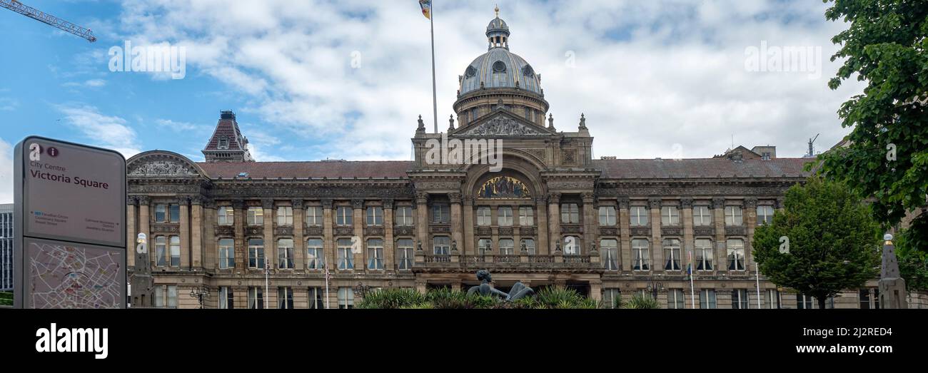 BIRMINGHAM, UK - MAY 28, 2019:  Panorama view of Victoria Square and the Victorian Council House and Tourist Information sign Stock Photo