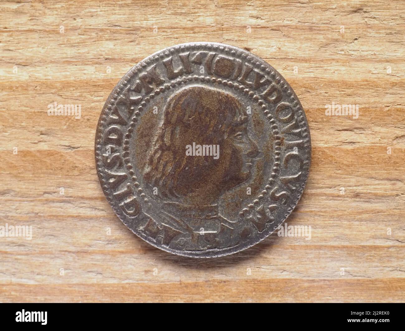 Ancient Milanese testone coin {ovb} showing obverse showing Gian Galeazzo Maria Sforza Stock Photo