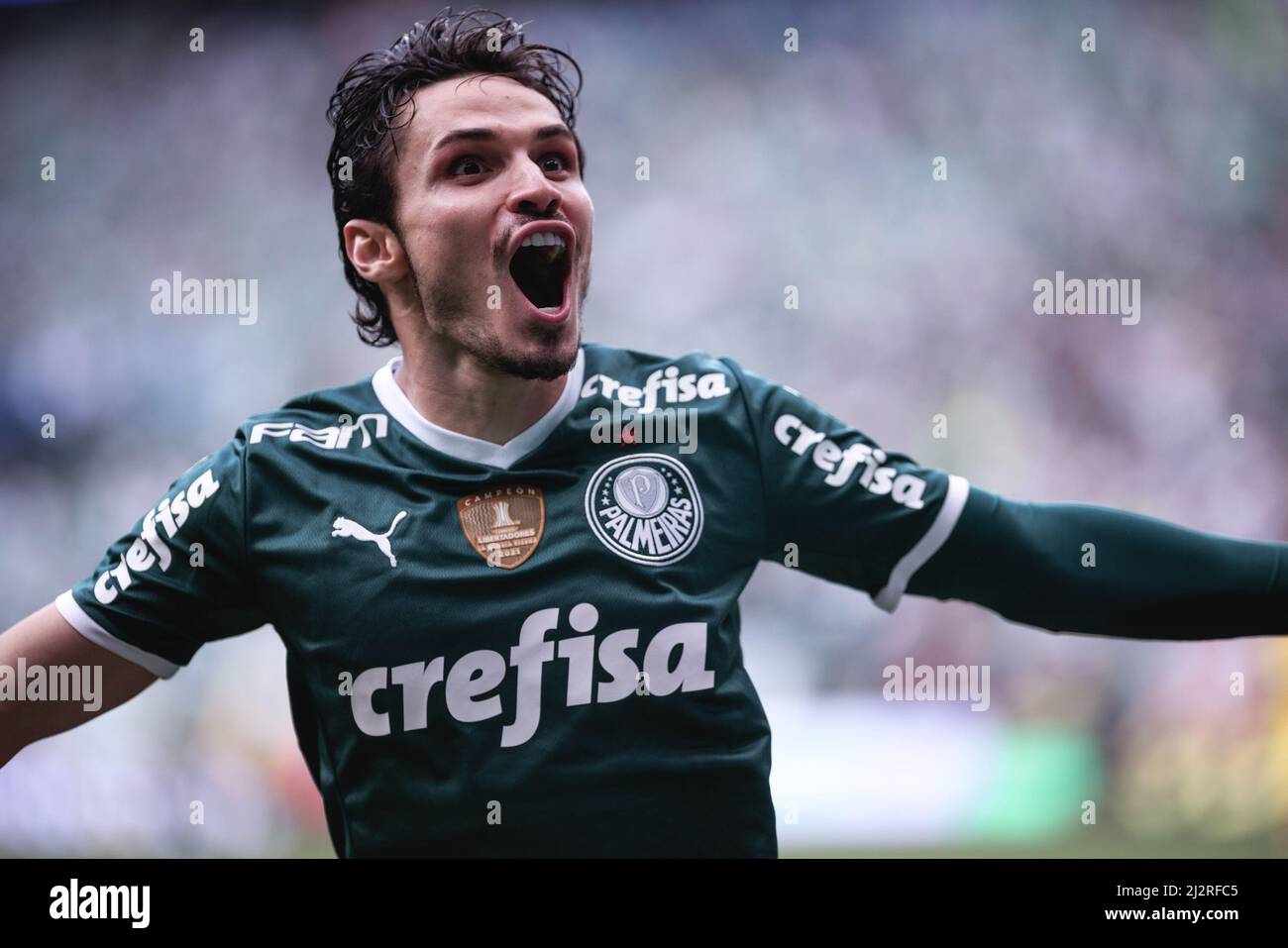 Sao Paulo, Brazil. 03rd Apr, 2022. SP - Sao Paulo - 03/04/2022 - PAULISTA  2022 FINAL, PALMEIRAS X SAO PAULO - Raphael Veiga jogador do Palmeiras  comemora seu gol com Dudu jogador