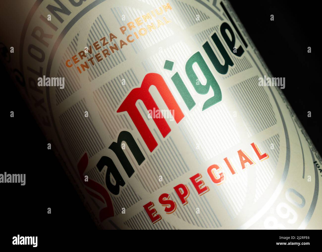 San Miguel Especial cerveza beer can close up detail on black Stock Photo