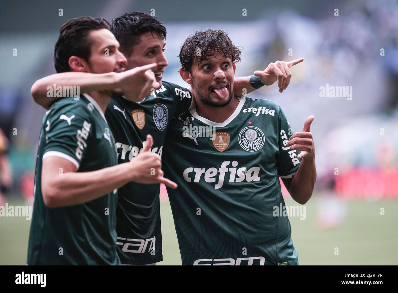 Sao Paulo, Brazil. 03rd Apr, 2022. SP - Sao Paulo - 03/04/2022 - PAULISTA  2022 FINAL, PALMEIRAS X SAO PAULO - Raphael Veiga jogador do Palmeiras  comemora seu gol durante partida contra