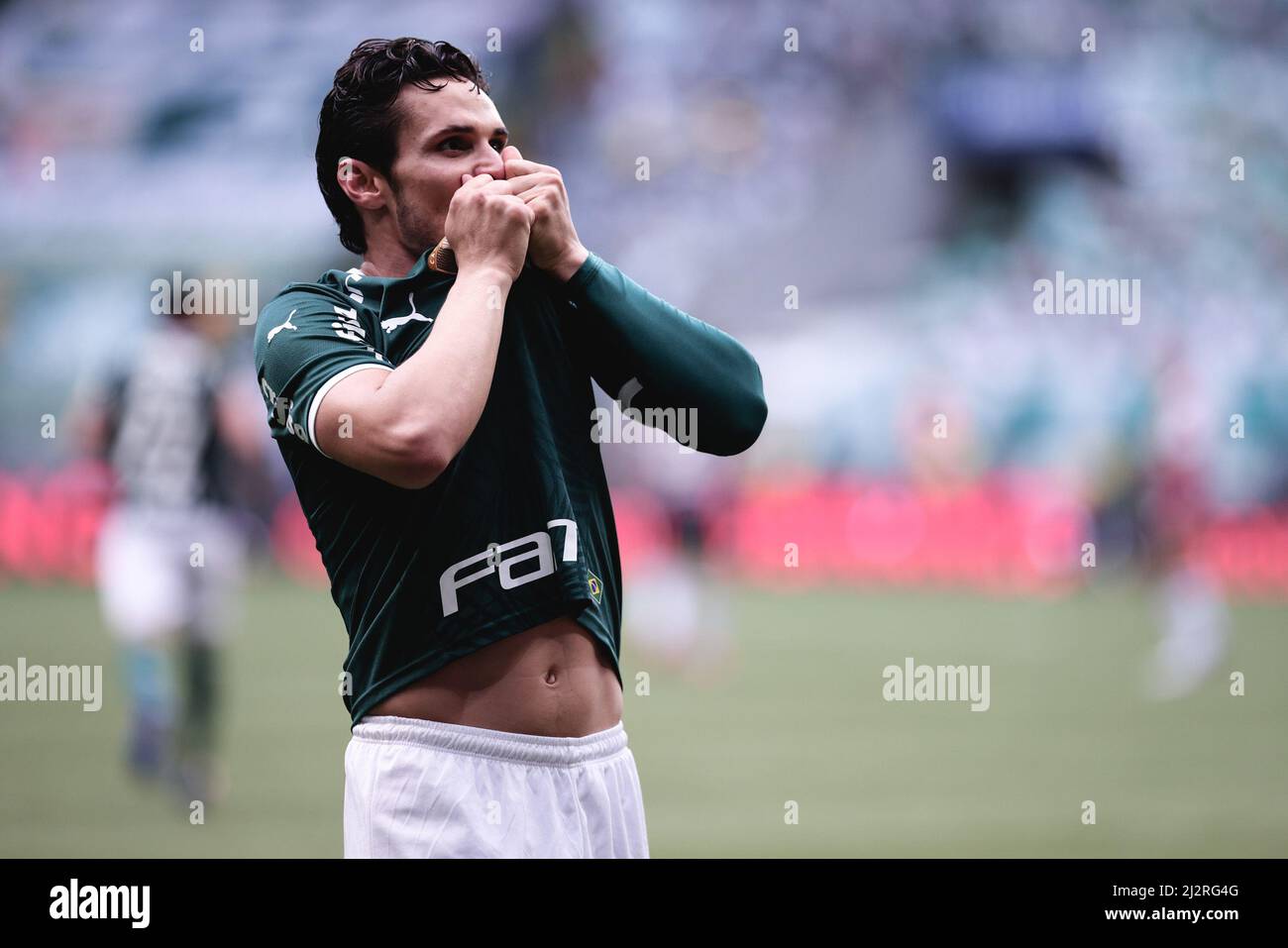 Sao Paulo, Brazil. 03rd Apr, 2022. SP - Sao Paulo - 03/04/2022 - PAULISTA  2022 FINAL, PALMEIRAS X SAO PAULO - Ze Rafael jogador do Palmeiras comemora  seu gol com Rony jogador