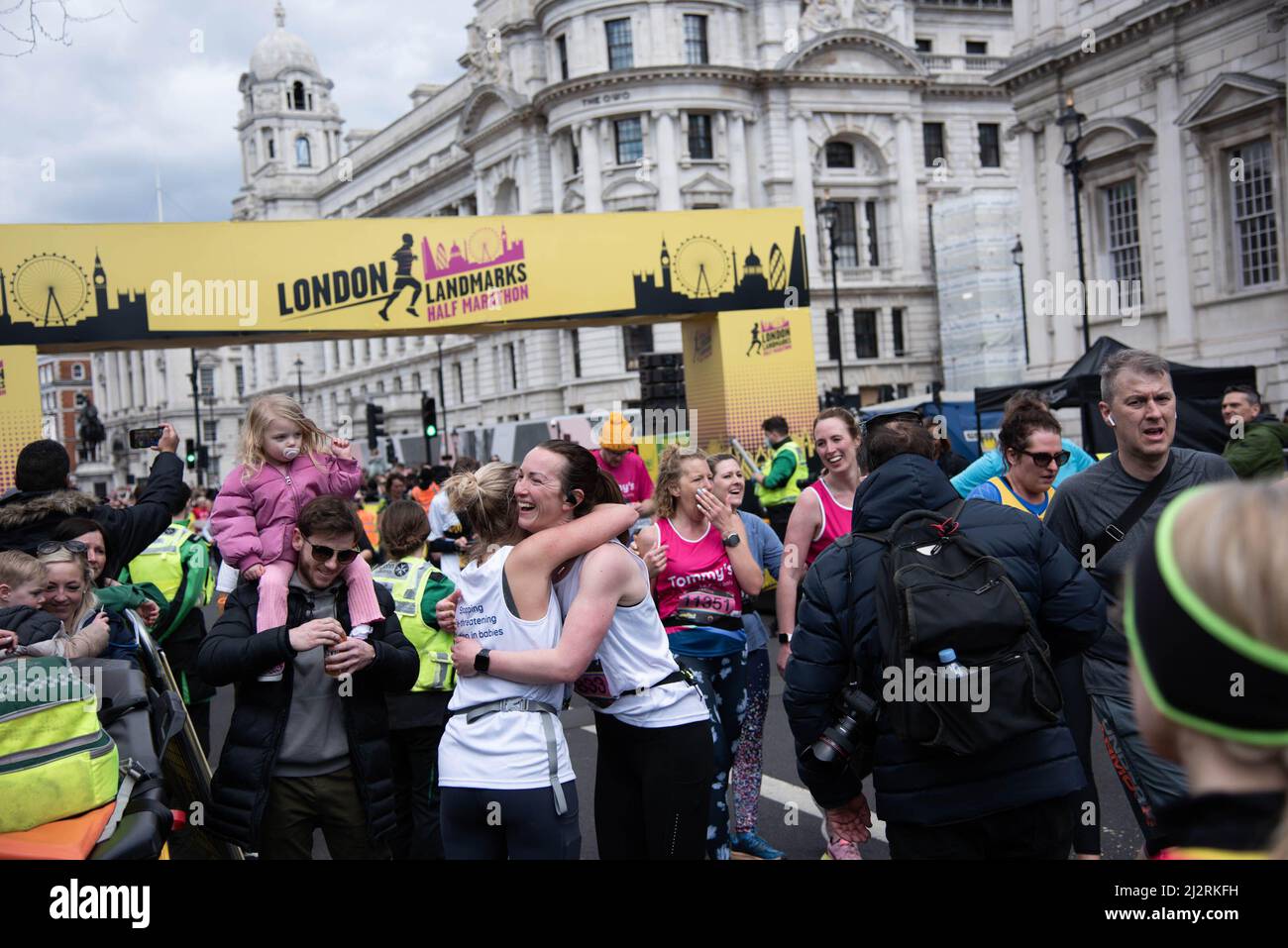 London, UK. 03rd Apr, 2022. Participants seen hugging after crossing