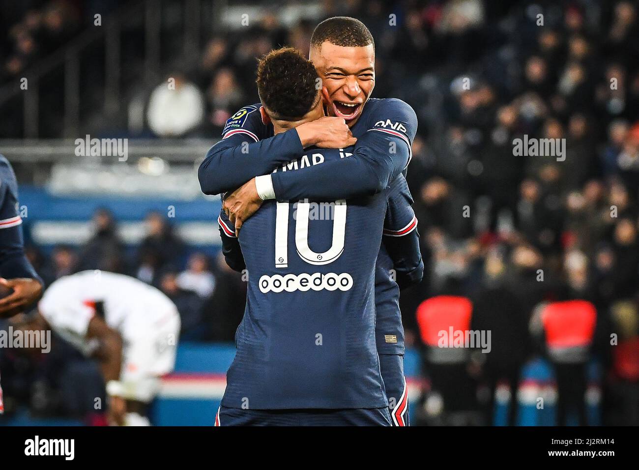 Neymar Jr Of Psg Celebrate His Goal With Kylian Mbappe Of Psg During The French Championship Ligue 1 Football Match Between Paris Saint Germain And Fc Lorient On April 3 22 At Parc