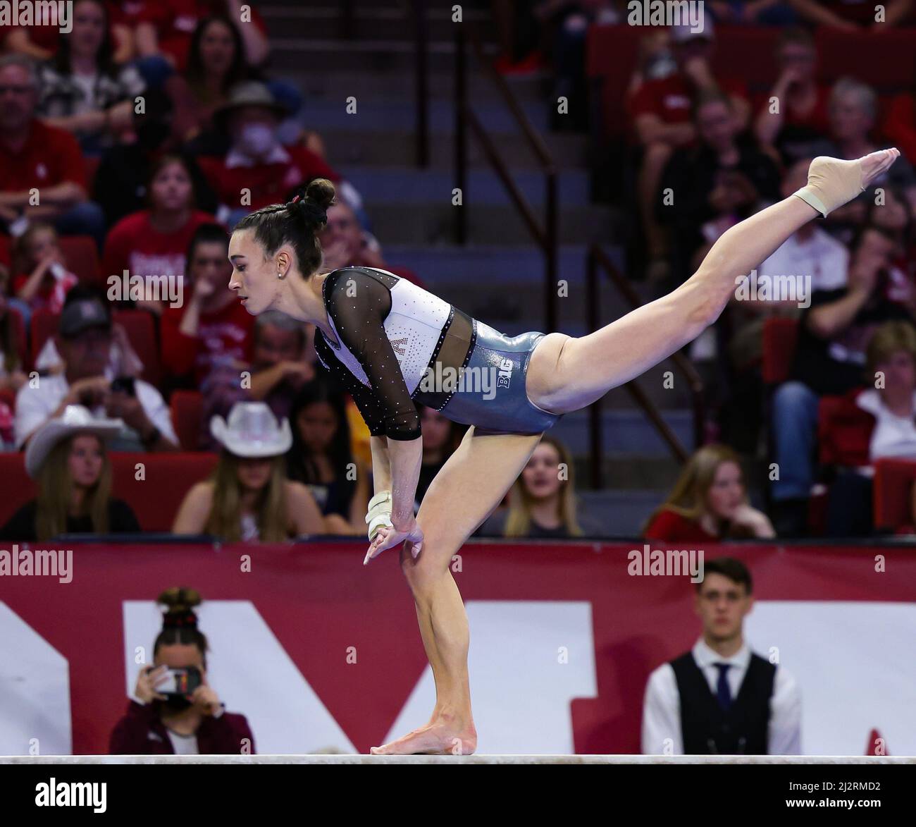 Norman, OK, USA. 2nd Apr, 2022. Minnesota's Ona Loper performs on the balance beam during the Finals of the NCAA Women's Gymnastics Norman Regional at the Lloyd Noble Center in Norman, OK. Kyle Okita/CSM/Alamy Live News Stock Photo