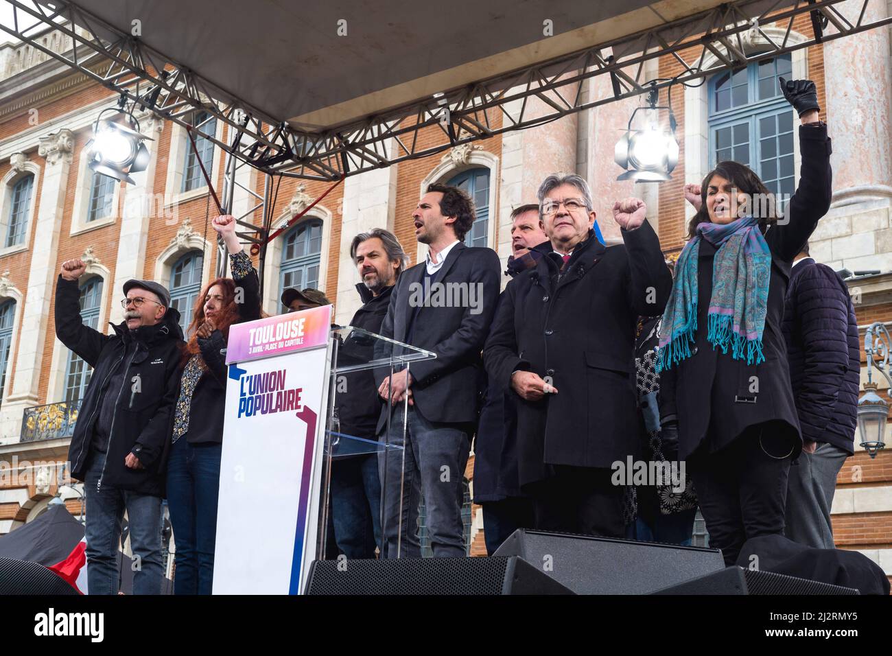 France, Toulouse, 2022-04-05. End of the Meeting, La marseillaise. The  candidate of the Popular Union, Jean-Luc Melenchon for his Meeting of the  presidential election 2022 in Toulouse, place du Capitole. Another world