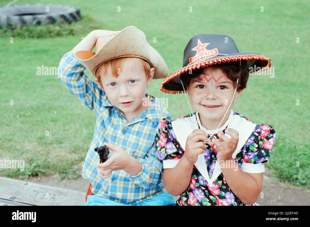 Golcar Nursery school children pictured during a Wild West fund day and barbecue, organised as a treat after they won a prize for their float at the Golcar gala, 2nd July 1992. Stock Photo