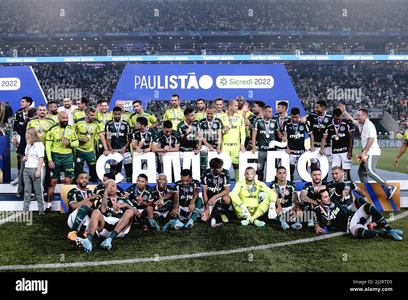 Sao Paulo, Brazil. 03rd Apr, 2022. SP - Sao Paulo - 03/04/2022 - PAULISTA  2022 FINAL, PALMEIRAS X SAO PAULO - Jogadores do Palmeiras comemoram titulo  de campeao durante cerimonia de premiacao