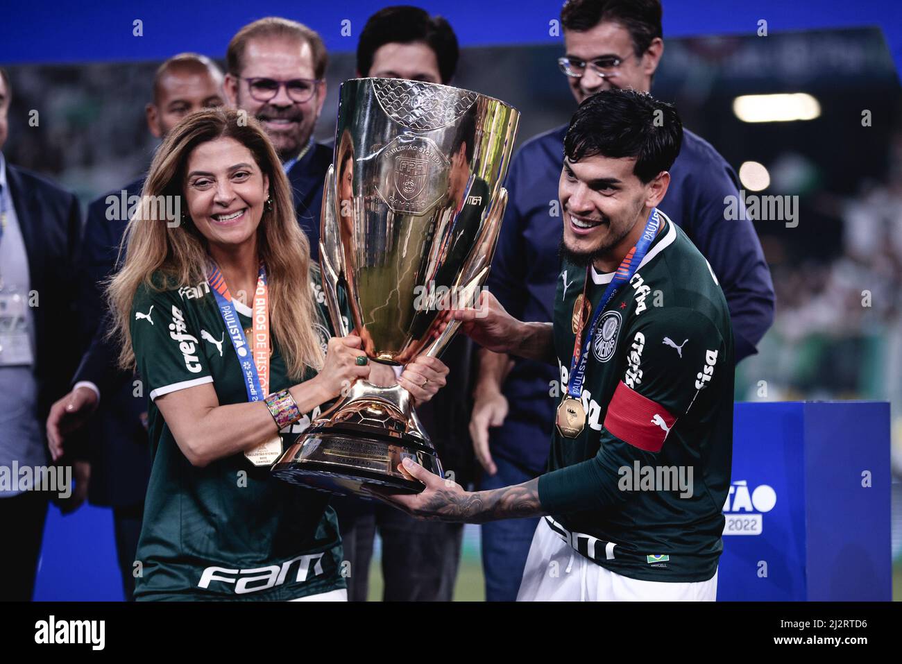 Sao Paulo, Brazil. 03rd Apr, 2022. SP - Sao Paulo - 03/04/2022 - PAULISTA  2022 FINAL, PALMEIRAS X SAO PAULO - Jogadores do Palmeiras comemoram titulo  de campeao durante cerimonia de premiacao