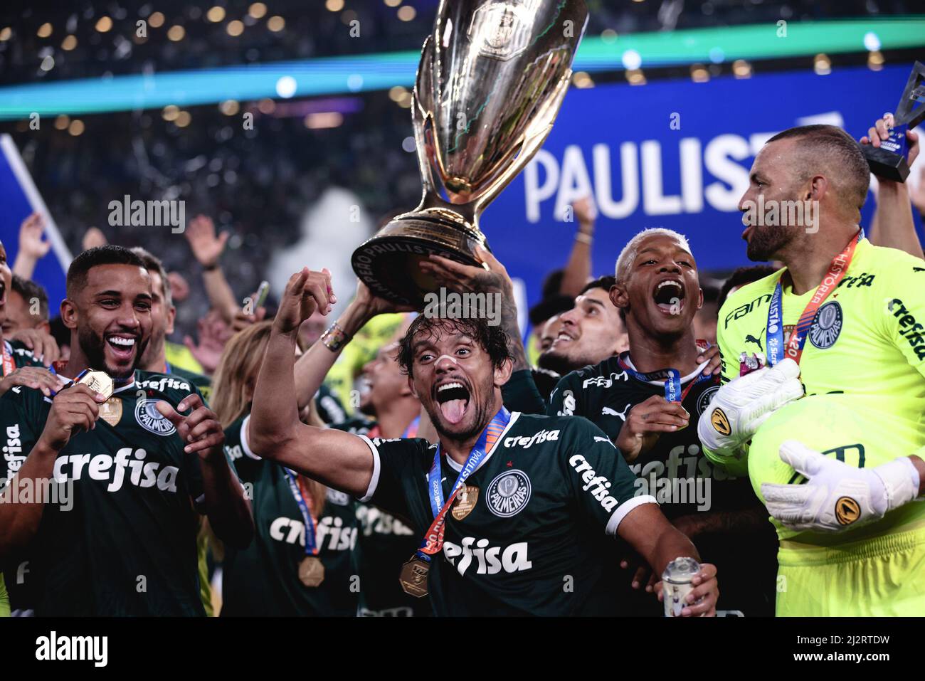 Sao Paulo, Brazil. 03rd Apr, 2022. SP - Sao Paulo - 03/04/2022 - PAULISTA  2022 FINAL, PALMEIRAS X SAO PAULO - Jogadores do Palmeiras comemoram titulo  de campeao durante cerimonia de premiacao