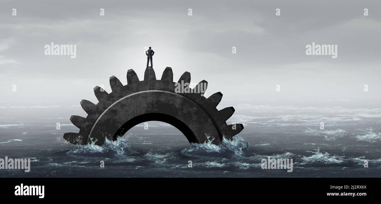 Declining industries and obsolete technology and failing industry concept as a businessman on top of a sinking gear in the ocean as a business. Stock Photo