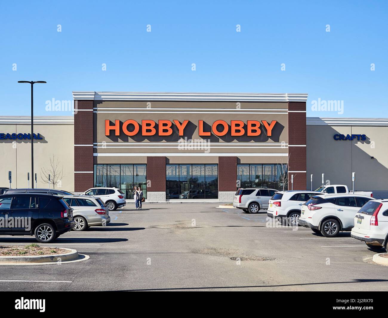 Front exterior entrance to the Hobby Lobby arts and crafts store in Montgomery Alabama, USA. Stock Photo