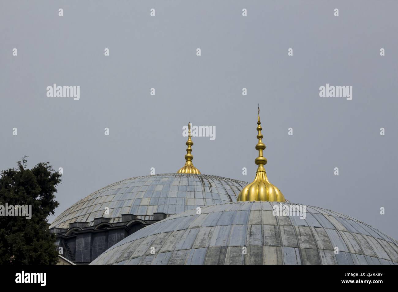Selective focus of two domes of the mosque in the gray sky with copy space Stock Photo