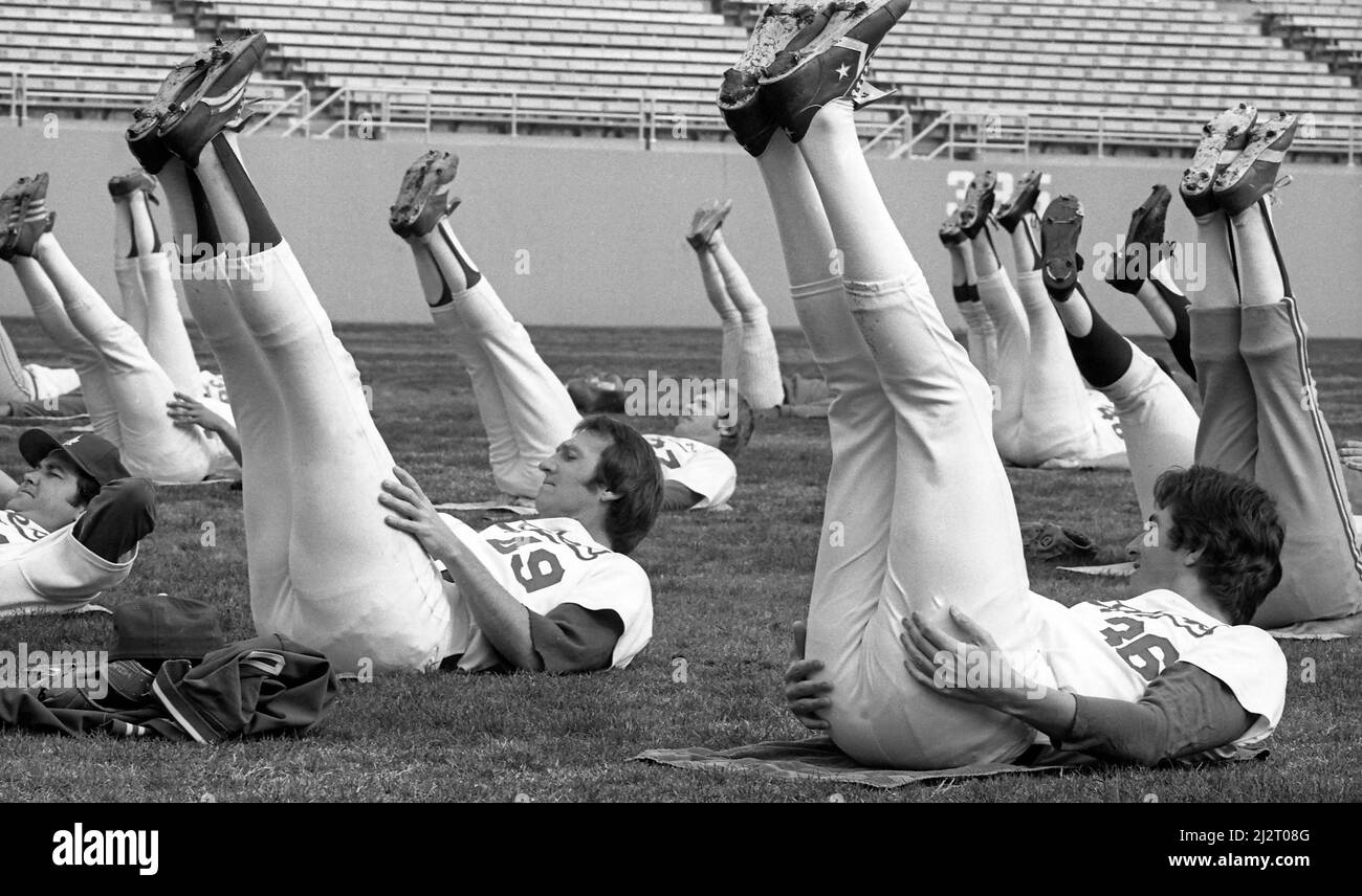 Los Angeles Dodgers players stretching their legs in preseason workout at Dodger Stadium. Stock Photo