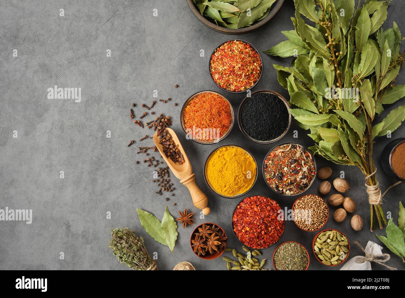 Bowls of various spices red hot pepper, paprika, anise, saffron