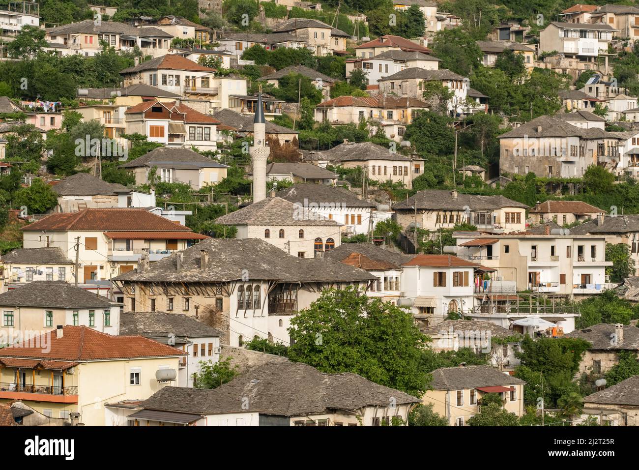 Old ottoman houses in Gjirokaster at sunset, Albania close-up Stock Photo