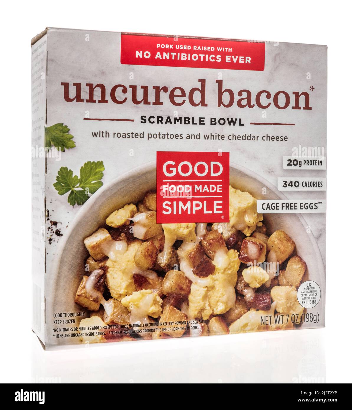 Winneconne, WI -2 April 2022: A package of Good food made simple uncured bacon scramble bowl breakfast on an isolated background Stock Photo