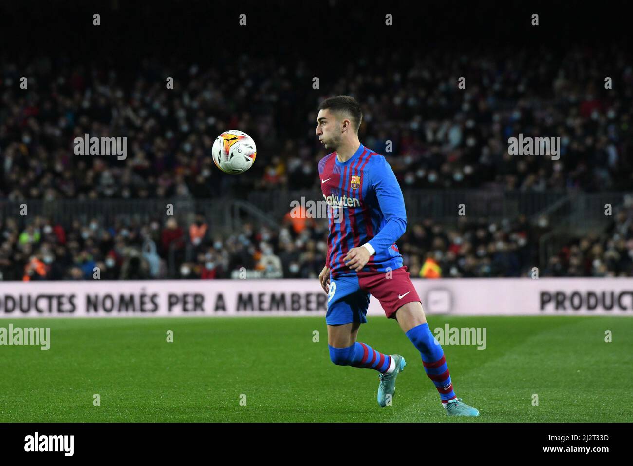 BARCELONA, SPAIN - APRIL 3: Ferran Torres of FC Barcelona controls the ball during La Liga match between FC Barcelona and Sevilla FC at Campo Nou on April 3, 2022 in Barcelona, Spain. (Photo by Sara Aribó/Pximages) Credit: Px Images/Alamy Live News Stock Photo